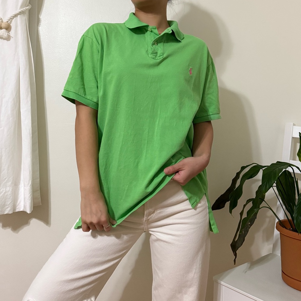 Vintage Polo Ralph Lauren 100% Cotton Lime Green Pink Pony Short Sleeve Size XL